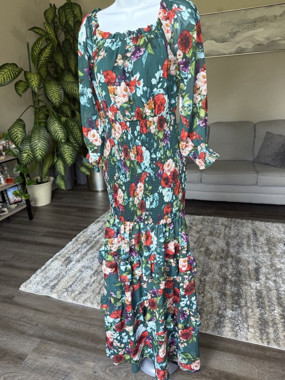 Green Floral Square Neck Balloon Sleeve Mermaid style dress-S #1068